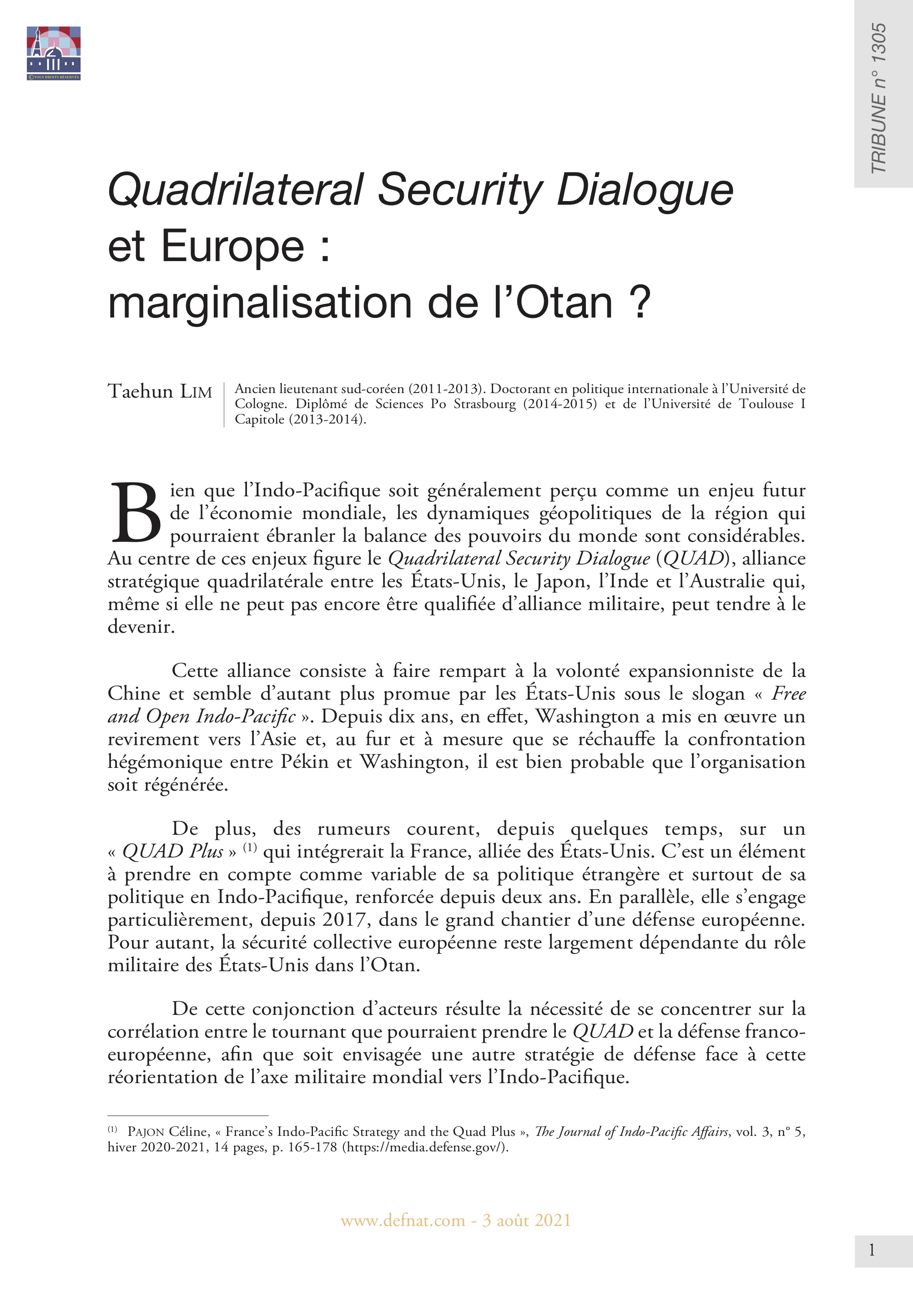 Quadrilateral Security Dialogue et Europe : marginalisation de l’Otan ? (T 1305)
